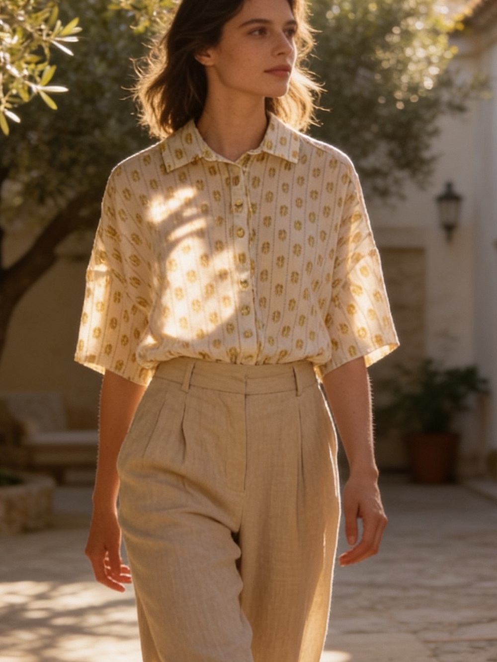 LOFT | Women’s Cream Short-Sleeve Button-Up Shirt with Gold Print | M